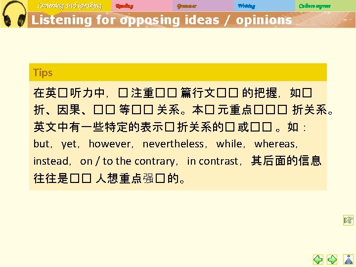Listening and speaking Reading Grammar Writing Culture express Listening for opposing ideas / opinions