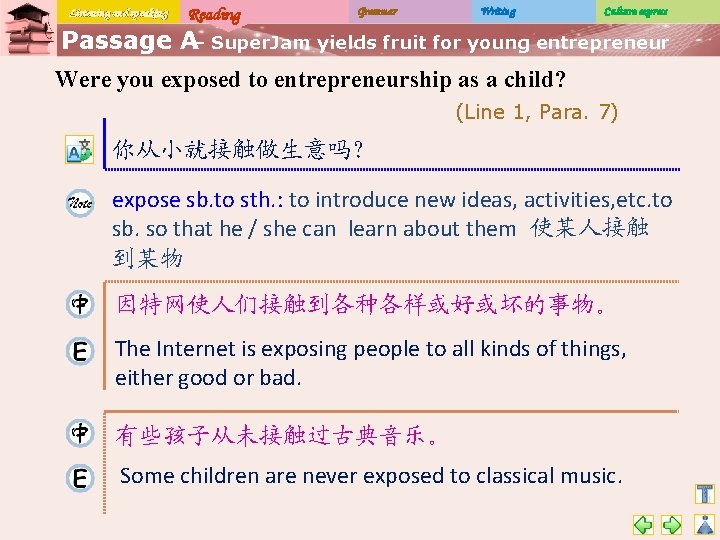 Listening and speaking Reading Grammar Writing Culture express Passage A– Super. Jam yields fruit