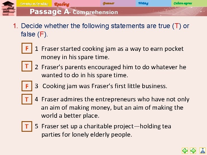 Listening and speaking Reading Grammar Writing Culture express Passage A– Comprehension 1. Decide whether