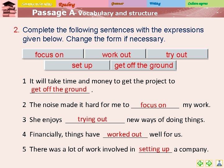 Listening and speaking Reading Grammar Writing Culture express Passage A– Vocabulary and structure 2.
