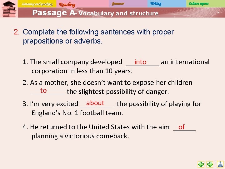 Listening and speaking Reading Grammar Writing Culture express Passage A– Vocabulary and structure 2.