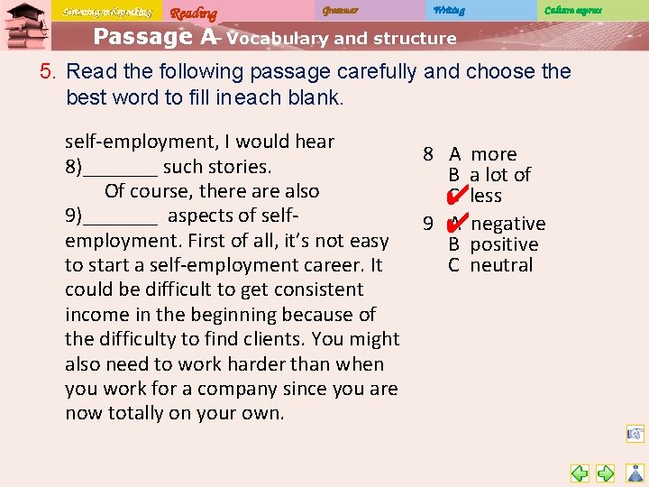 Listening and speaking Reading Grammar Writing Culture express Passage A– Vocabulary and structure 5.