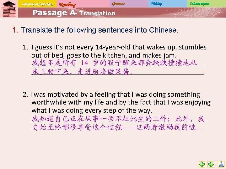 Listening and speaking Reading Grammar Writing Culture express Passage A– Translation 1. Translate the