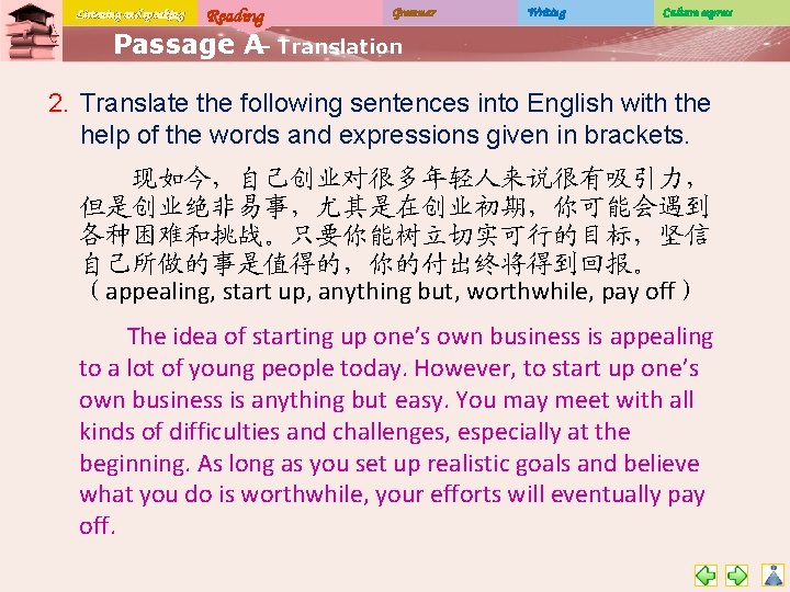 Listening and speaking Reading Grammar Writing Culture express Passage A– Translation 2. Translate the
