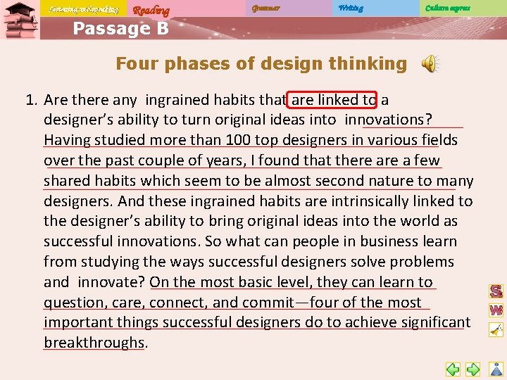 Listening and speaking Reading Grammar Writing Culture express Passage B Four phases of design