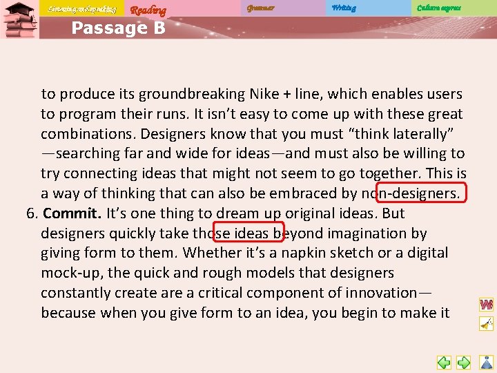 Listening and speaking Reading Grammar Writing Culture express Passage B to produce its groundbreaking