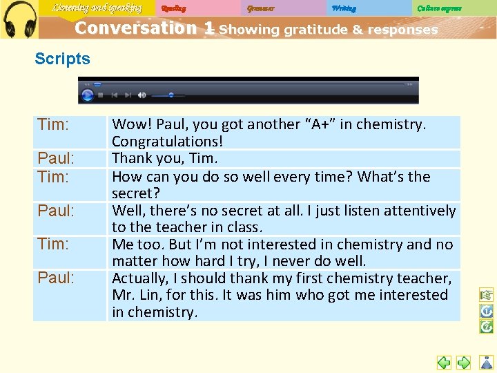 Listening and speaking Reading Grammar Writing Culture express Conversation 1 – Showing gratitude &