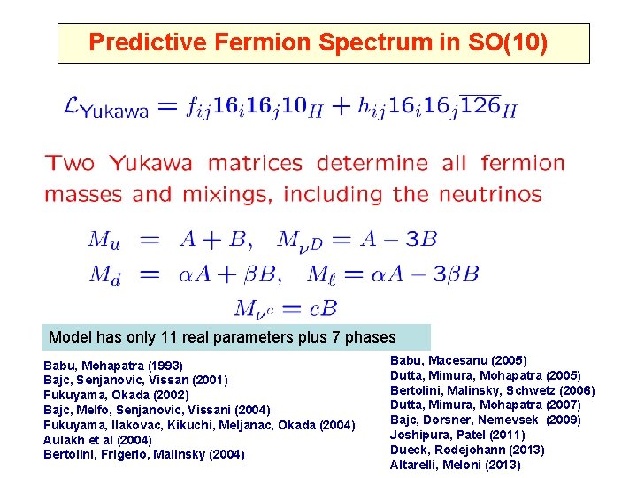 Predictive Fermion Spectrum in SO(10) Model has only 11 real parameters plus 7 phases