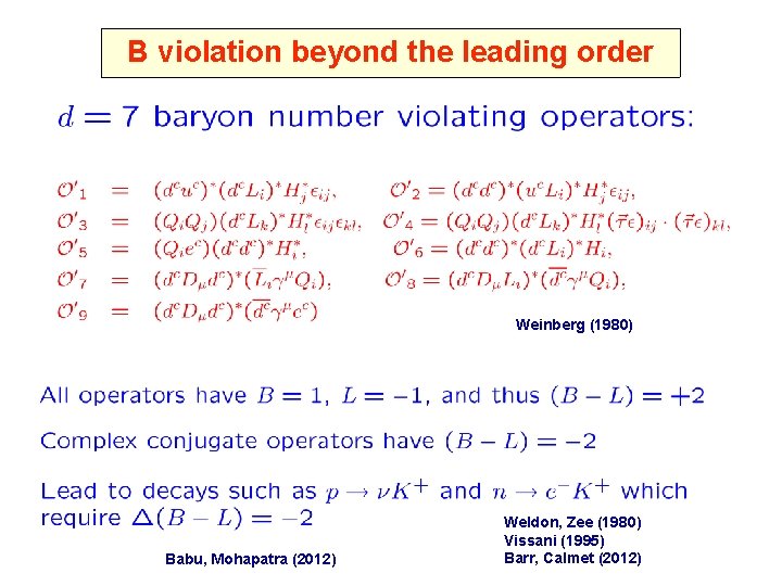 B violation beyond the leading order Weinberg (1980) Babu, Mohapatra (2012) Weldon, Zee (1980)