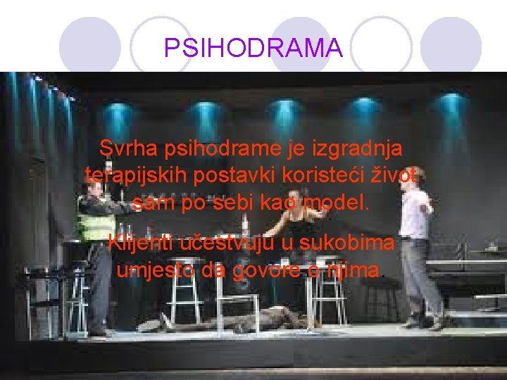 PSIHODRAMA Svrha psihodrame je izgradnja terapijskih postavki koristeći život sam po sebi kao model.