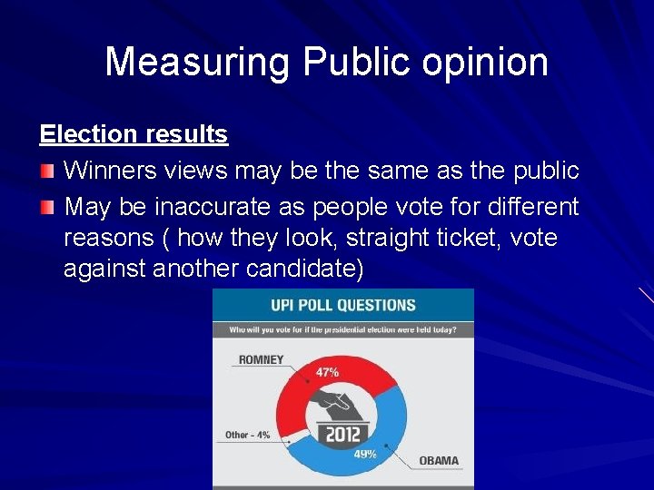 Measuring Public opinion Election results Winners views may be the same as the public