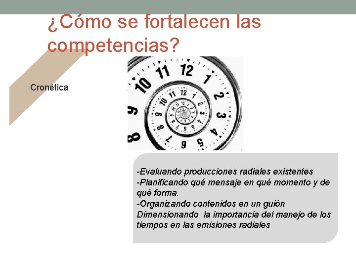 ¿Cómo se fortalecen las competencias? Cronética -Evaluando producciones radiales existentes -Planificando qué mensaje en