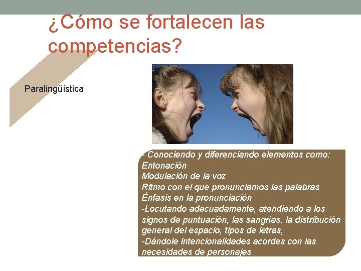 ¿Cómo se fortalecen las competencias? Paralingüística - Conociendo y diferenciando elementos como: Entonación Modulación