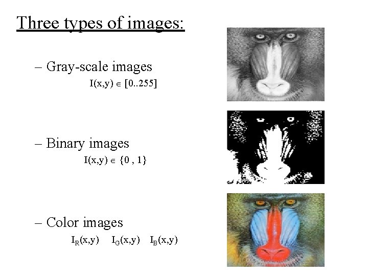 Three types of images: – Gray-scale images I(x, y) [0. . 255] – Binary