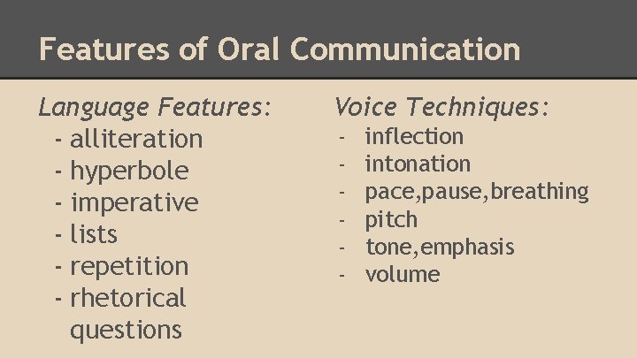 Features of Oral Communication Language Features: - alliteration - hyperbole - imperative - lists