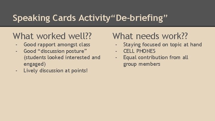 Speaking Cards Activity“De-briefing” What worked well? ? - Good rapport amongst class Good “discussion