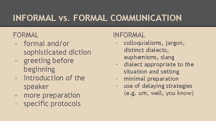 INFORMAL vs. FORMAL COMMUNICATION FORMAL - formal and/or sophisticated diction - greeting before beginning