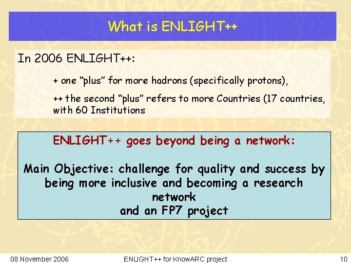 What is ENLIGHT++ In 2006 ENLIGHT++: + one “plus” for more hadrons (specifically protons),