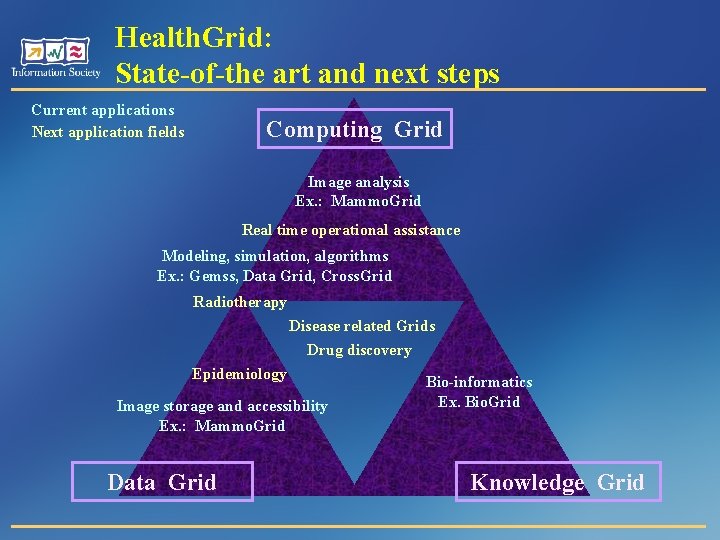 Health. Grid: State-of-the art and next steps Current applications Next application fields Computing Grid