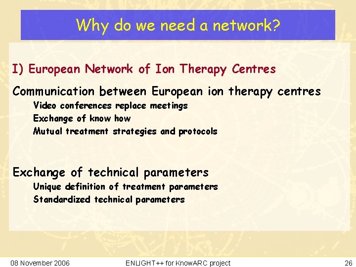 Why do we need a network? I) European Network of Ion Therapy Centres Communication