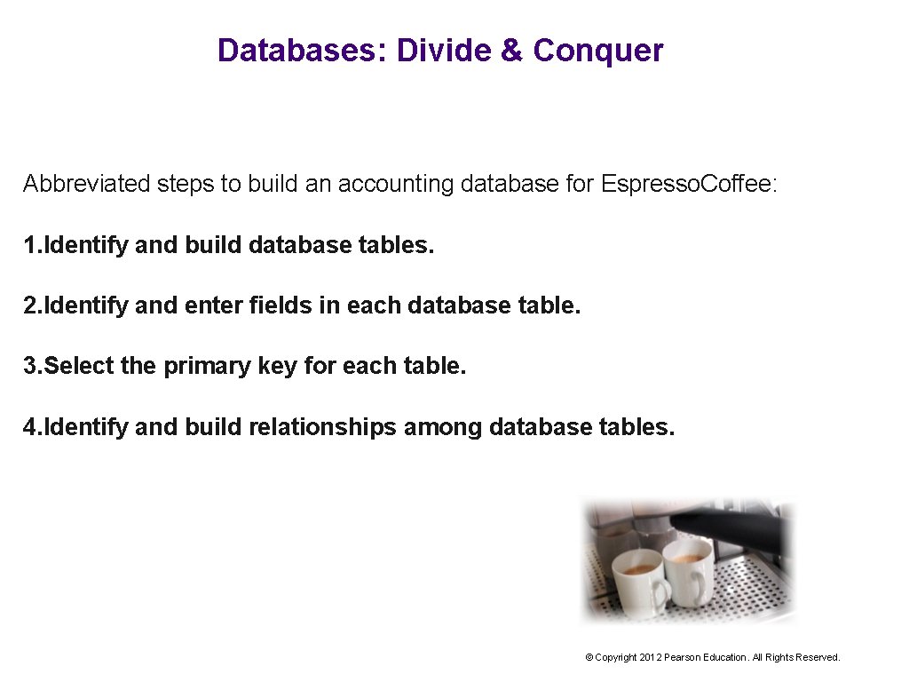 Databases: Divide & Conquer Abbreviated steps to build an accounting database for Espresso. Coffee:
