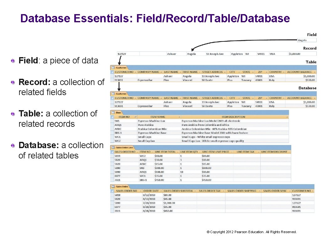 Database Essentials: Field/Record/Table/Database Field: a piece of data Record: a collection of related fields