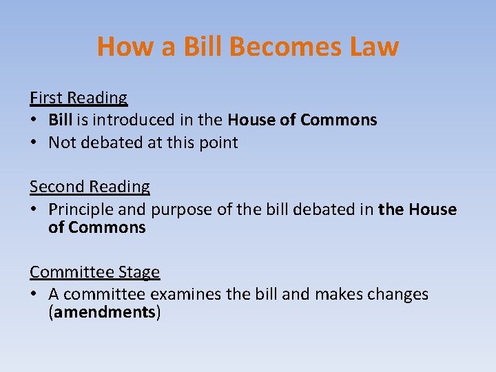 How a Bill Becomes Law First Reading • Bill is introduced in the House