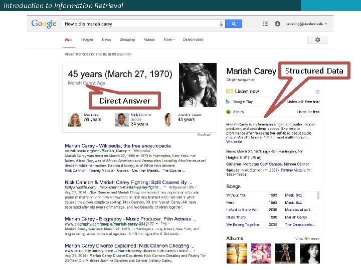 Introduction to Information Retrieval Structured Data Direct Answer 