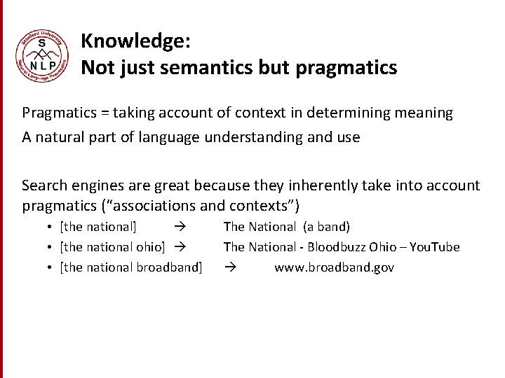 Knowledge: Not just semantics but pragmatics Pragmatics = taking account of context in determining