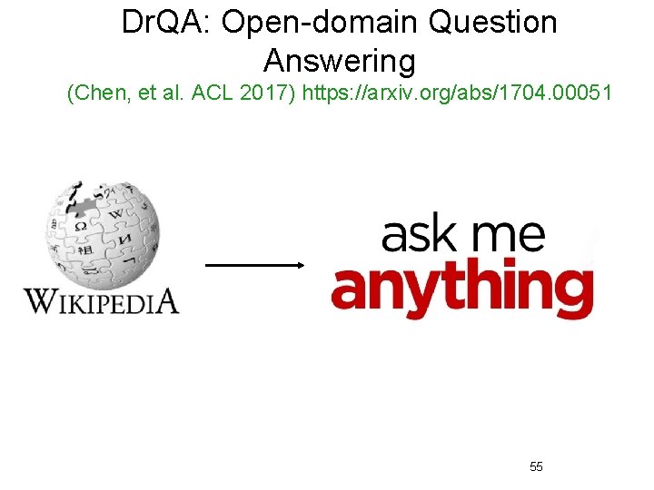 Dr. QA: Open-domain Question Answering (Chen, et al. ACL 2017) https: //arxiv. org/abs/1704. 00051