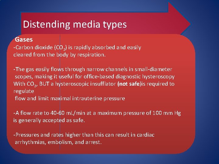 Distending media types Gases -Carbon dioxide (CO 2) is rapidly absorbed and easily cleared