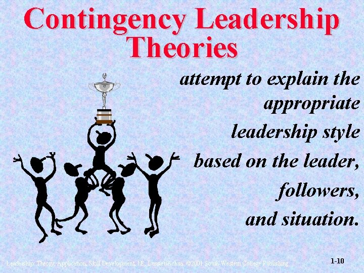 Contingency Leadership Theories attempt to explain the appropriate leadership style based on the leader, Contingency Leadership Theories attempt to explain the appropriate leadership style based on the leader,