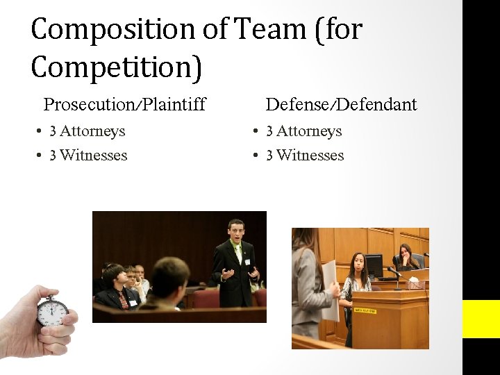 Composition of Team (for Competition) Prosecution/Plaintiff • 3 Attorneys • 3 Witnesses Defense/Defendant •