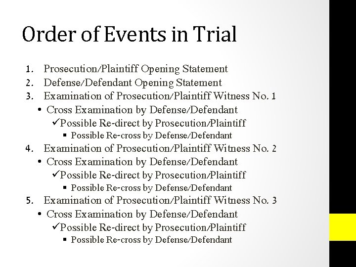 Order of Events in Trial 1. Prosecution/Plaintiff Opening Statement 2. Defense/Defendant Opening Statement 3.