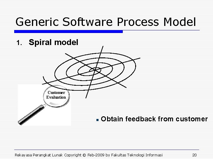 Generic Software Process Model 1. Spiral model Customer Evaluation n Obtain feedback from customer