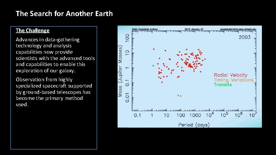 The Search for Another Earth The Challenge Advances in data-gathering technology and analysis capabilities