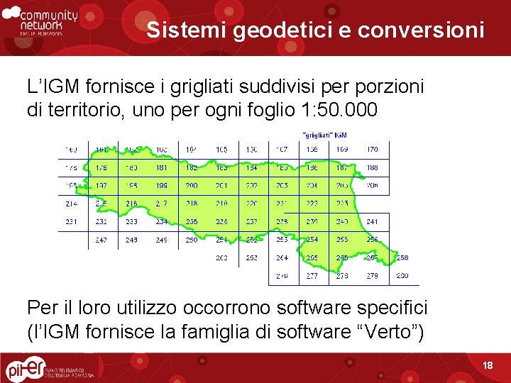 Sistemi geodetici e conversioni L’IGM fornisce i grigliati suddivisi per porzioni di territorio, uno