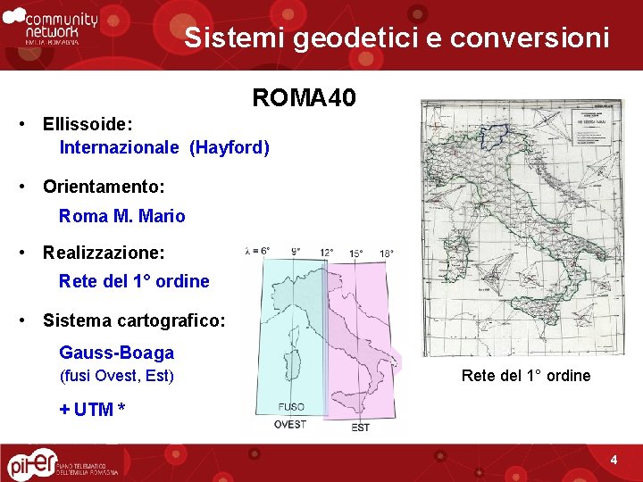 Sistemi geodetici e conversioni ROMA 40 • Ellissoide: Internazionale (Hayford) • Orientamento: Roma M.
