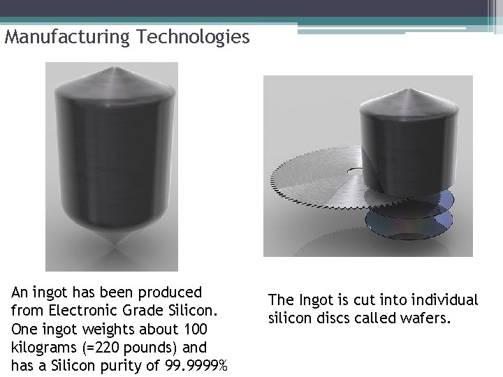 Manufacturing Technologies An ingot has been produced from Electronic Grade Silicon. One ingot weights