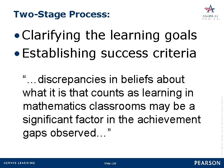 Two-Stage Process: • Clarifying the learning goals • Establishing success criteria Slide 126 Copyright