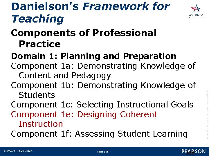 Danielson’s Framework for Teaching Components of Professional Practice Slide 138 Copyright © 2010 Pearson