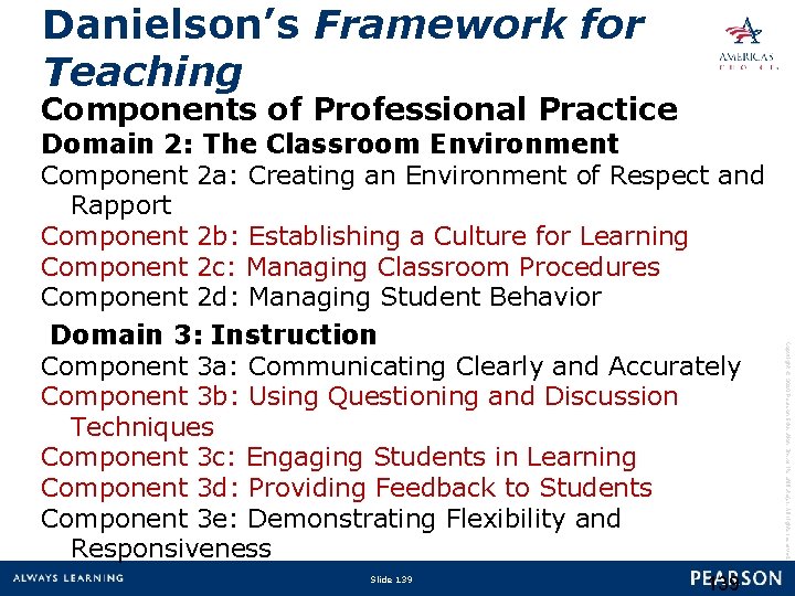 Danielson’s Framework for Teaching Components of Professional Practice Slide 139 Copyright © 2010 Pearson