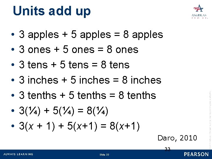 Units add up 3 apples + 5 apples = 8 apples 3 ones +