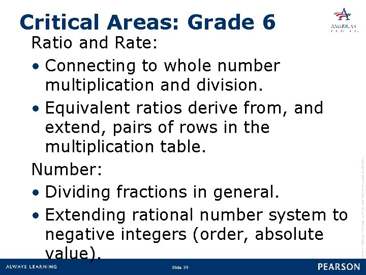 Critical Areas: Grade 6 Slide 39 Copyright © 2010 Pearson Education, Inc. or its