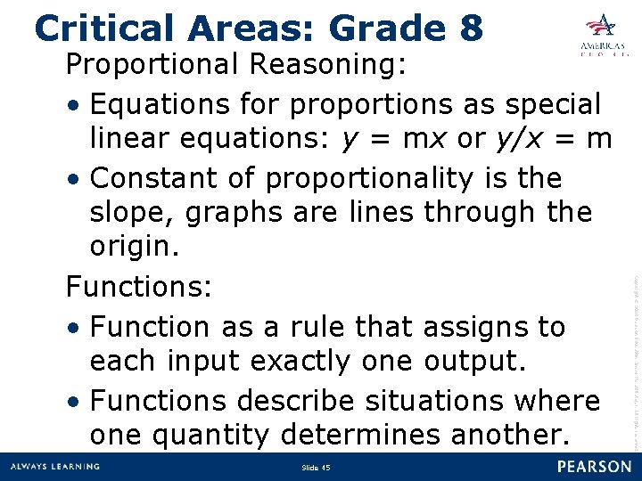 Critical Areas: Grade 8 Slide 45 Copyright © 2010 Pearson Education, Inc. or its