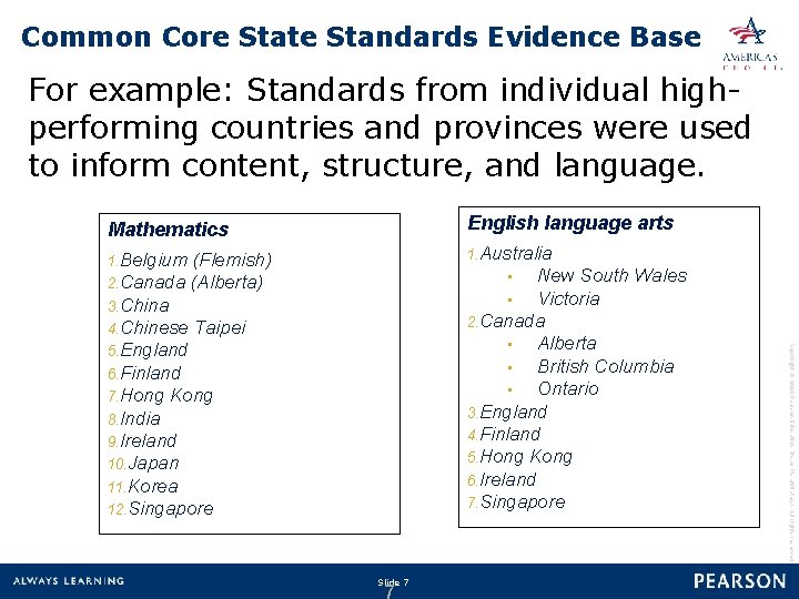 Common Core State Standards Evidence Base For example: Standards from individual highperforming countries and
