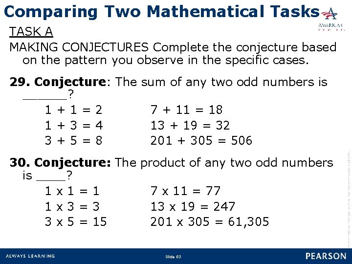 Comparing Two Mathematical Tasks TASK A MAKING CONJECTURES Complete the conjecture based on the
