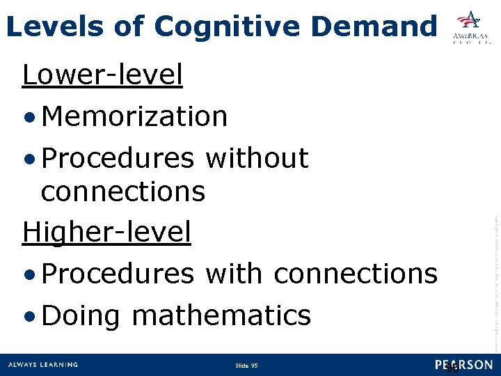 Levels of Cognitive Demand Lower-level Slide 95 Copyright © 2010 Pearson Education, Inc. or