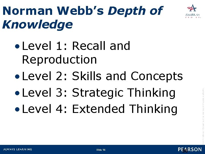 Norman Webb’s Depth of Knowledge Slide 96 96 Copyright © 2010 Pearson Education, Inc.