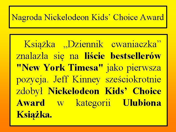 Nagroda Nickelodeon Kids’ Choice Award Książka „Dziennik cwaniaczka” znalazła się na liście bestsellerów "New